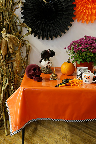 Halloween Solid Orange Oilcloth Tablecloths with Black Gingham