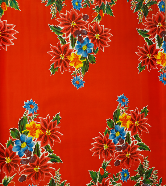 90" Round Christmas Oilcloth Tablecloth Poinsettia on Red Freckled Sage