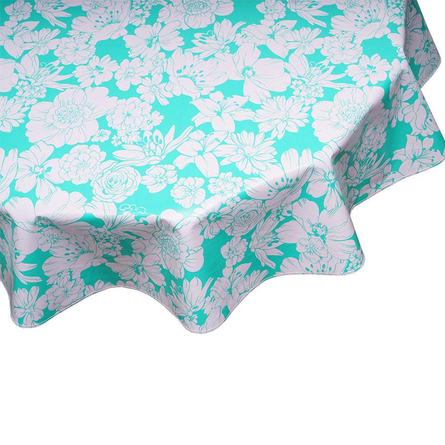 Round Chelsea Flowers Aqua Oilcloth Tablecloth