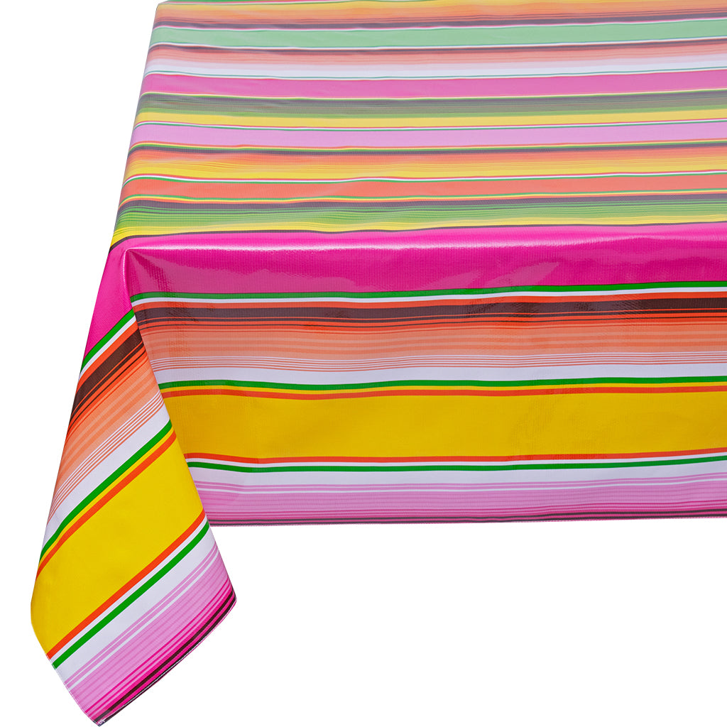 Freckled Sage Oilcloth Tablecloth Serape pink with yellow, lime, red, orange stripes