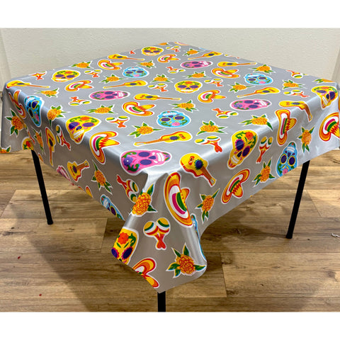 Skulls on Silver Oilcloth Tablecloths