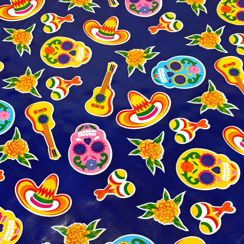 Round Skulls on Navy Blue Oilcloth Tablecloths