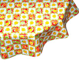 freckled sage round pears and apples red oilcloth tablecloth