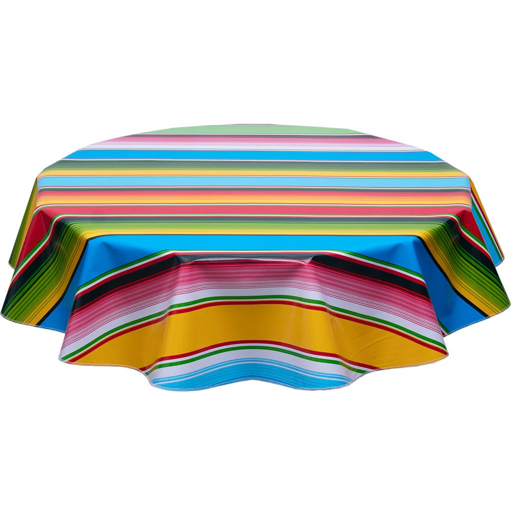 freckled sage serape stripe light blue round tablecloth with yellow orange red pink lime stripes