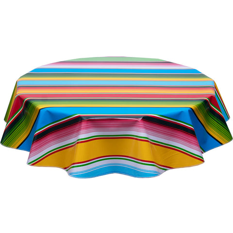 freckled sage serape stripe light blue round tablecloth with yellow orange red pink lime stripes