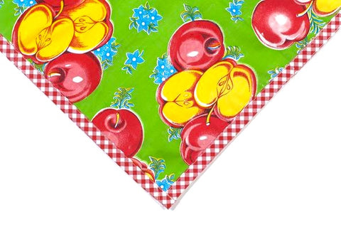 freckled sage apples lime green oilcloth tablecloth with red gingham trim