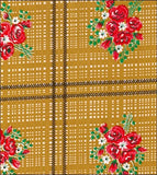 Freckled Sage Fabric Swatch red floral bouquets on tan grid background