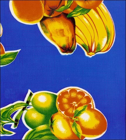 Freckled Sage oil cloth fabric swatch bananas  mangoes oranges papayas limes watermelons on solid blue