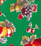 Freckled Sage OIlcloth Fabric Swatch blueberries cherries peaches on solid green background