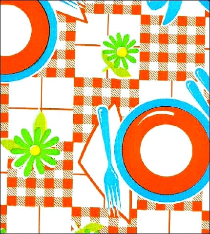 freckled sage picnic orange and light blue oilcloth swatch