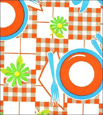 freckled sage picnic orange and light blue oilcloth swatch