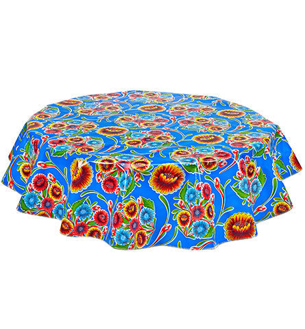 Freckled Sage Round Tablecloth in Bloom Blue flowers on blue background