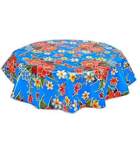 Freckled Sage Round Oilcloth Tablecloth in Blue Hawaii print