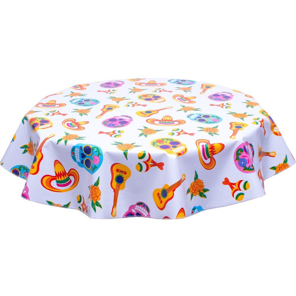 round skulls white oilcloth tablecloth
