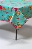 Freckled Sage Oilcloth Tablecloth Rose and Grid Aqua 