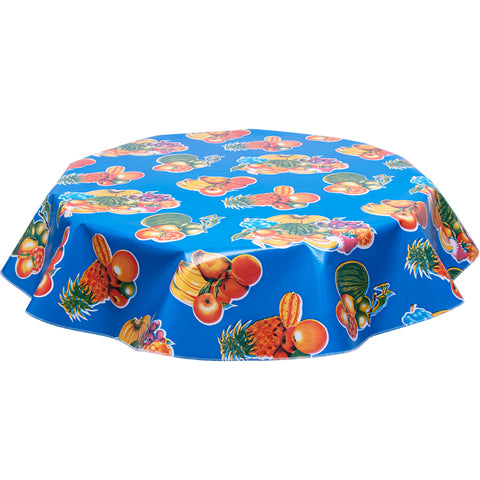 Freckled Sage  Round Oilcloth Tablecloth tropical fruits on blue