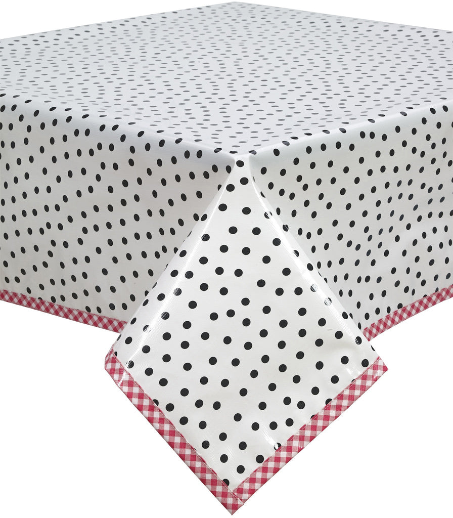 Freckled Sage Oilcloth Tablecloth Dot Black Red Trim