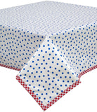 Freckled Sage Oilcloth Tablecloth Blue dots on white background with red gingham trim