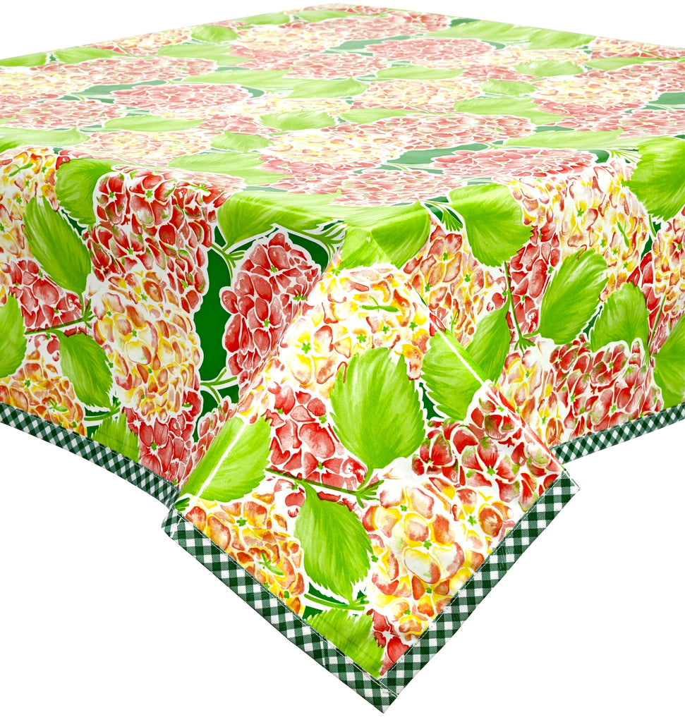 freckled sage hydrangea green oilcloth tablecloth with green gingham trim