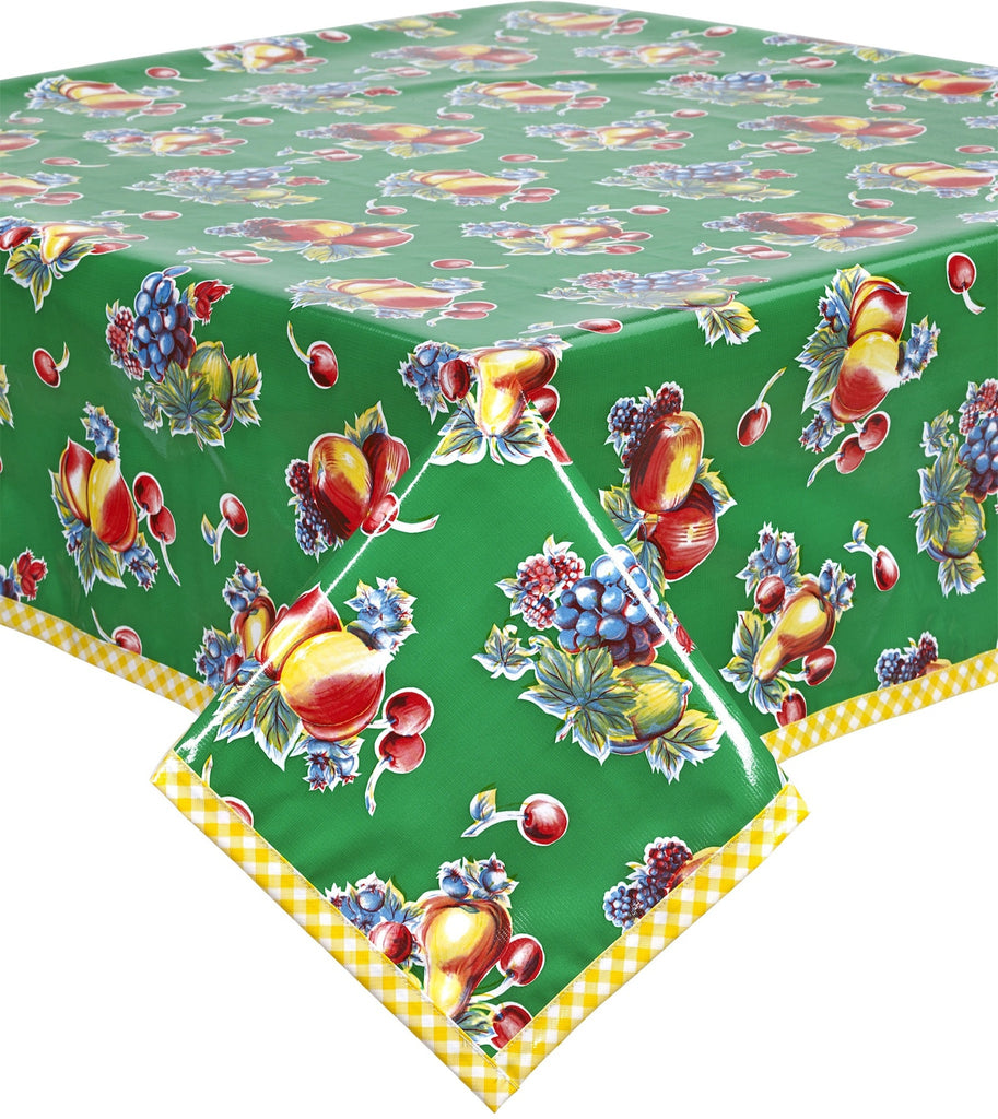 Freckled Sage Oilcloth Tablecloth peaches, grapes, blueberries cherries on Solid Green with yellow gingham trim