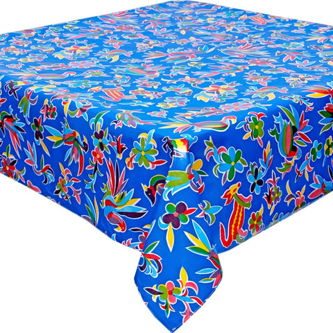 square animal wonderland blue oilcloth tablecloth with a hem