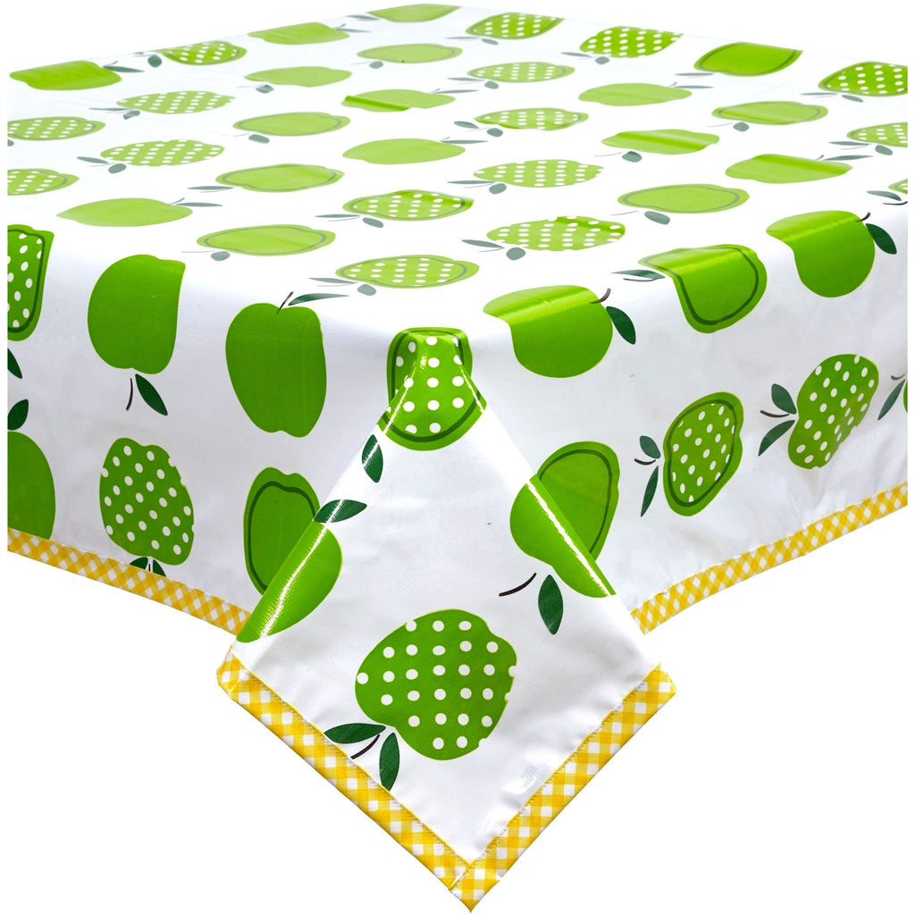 square apples and dots lime green oilcloth tablecloth with yellow gingham trim