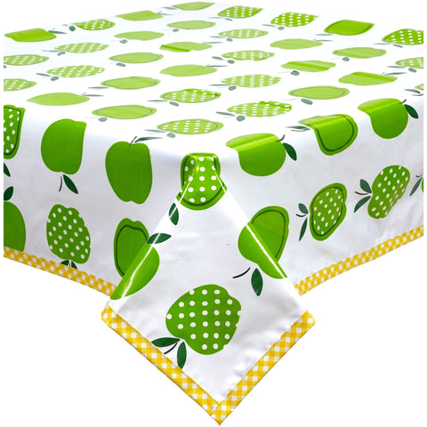 square apples and dots lime green oilcloth tablecloth with yellow gingham trim