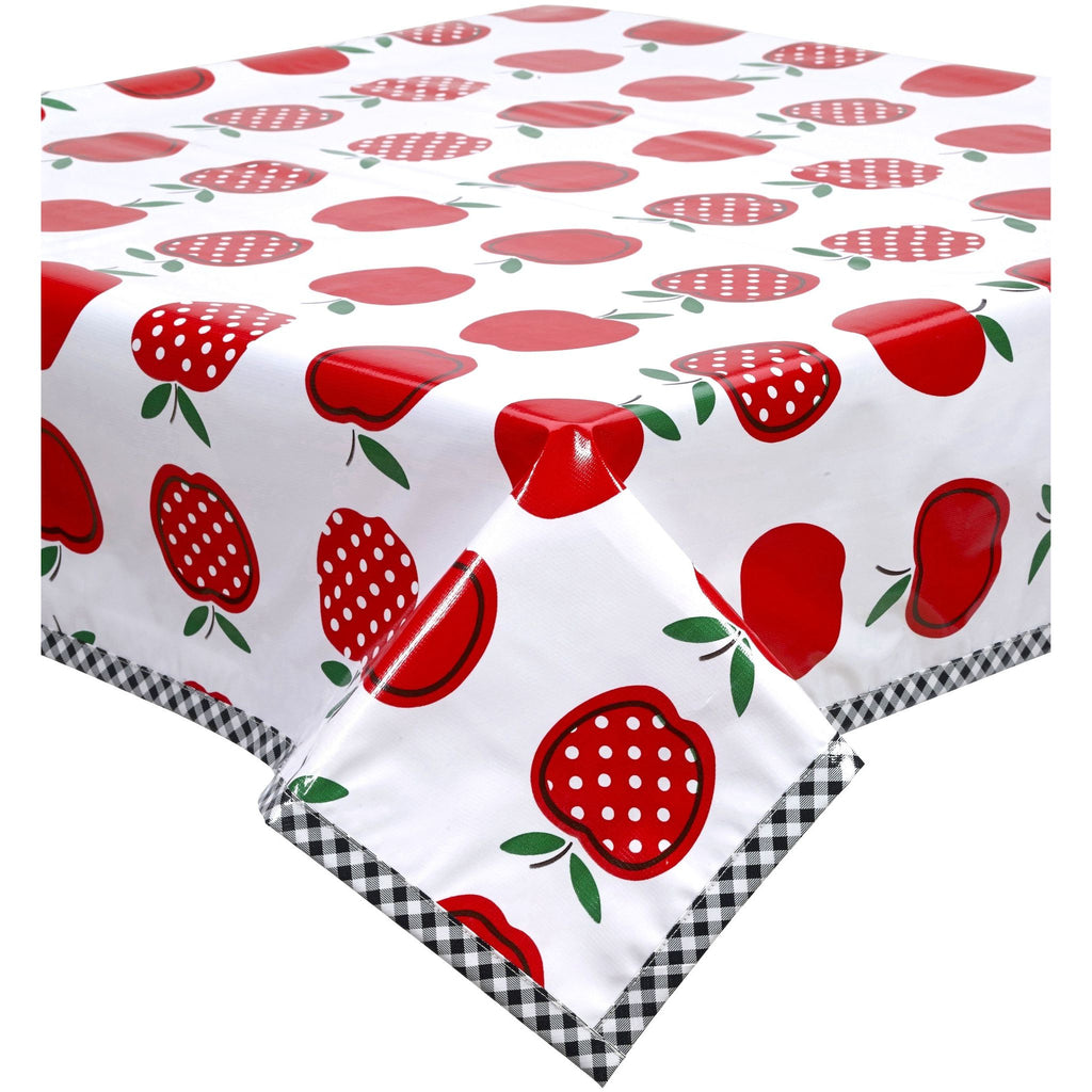 square apples and dots red oilcloth tablecloth with black gingham trim