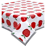 square apples and dots red oilcloth tablecloth with black gingham trim