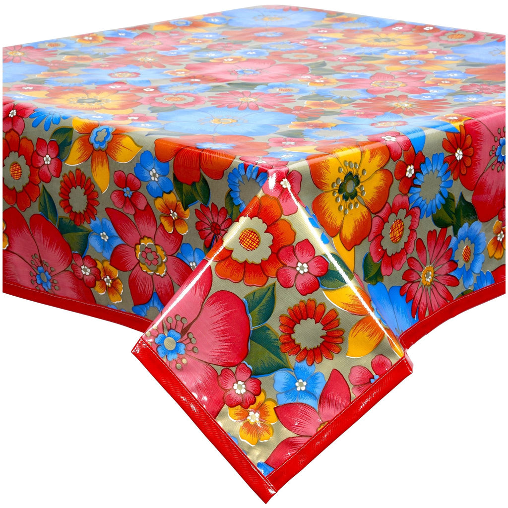 square betty's bunch gold oilcloth tablecloth with solid red trim