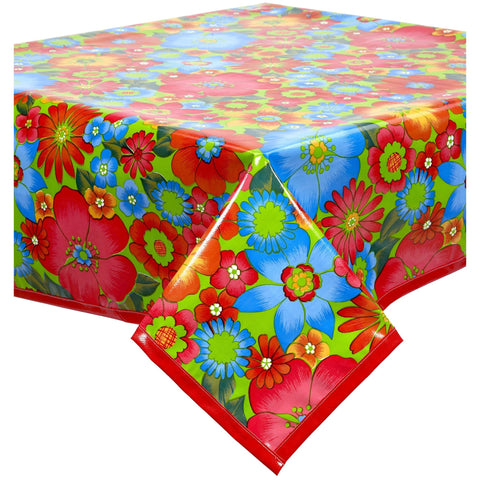 square betty's bunch lime green oilcloth tablecloth with solid red trim
