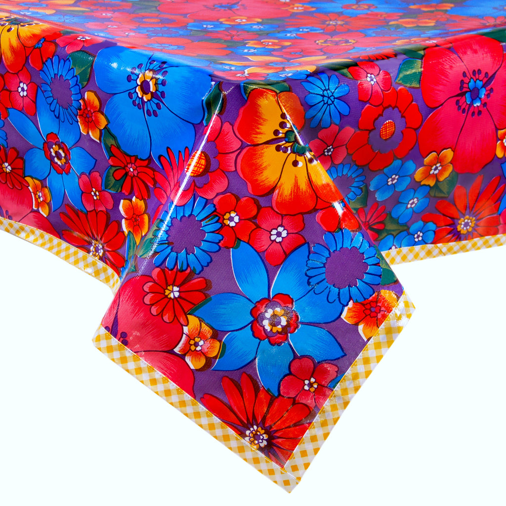 freckled sage betty's bunch purple oilcloth tablecloth with yellow gingham trim