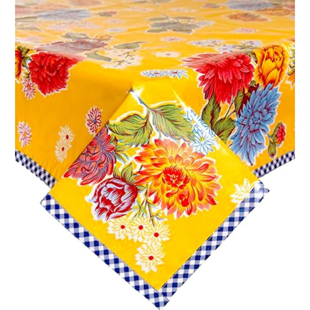 square mum yellow oilcloth tablecloth with navy blue gingham trim