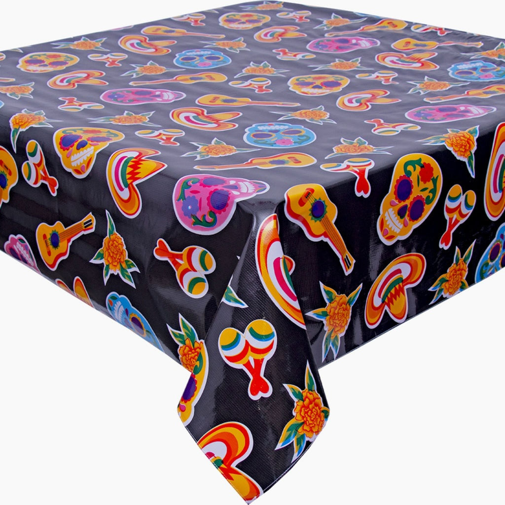 square or rectangular skulls black oilcloth tablecloth with a simple hem 