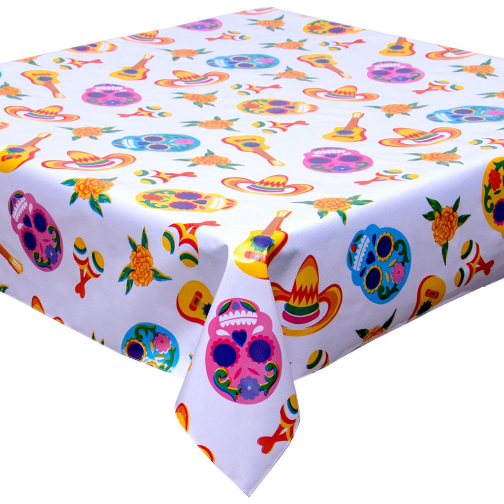 square skulls white oilcloth tablecloth with a hem