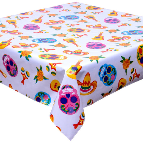 square skulls white oilcloth tablecloth with a hem