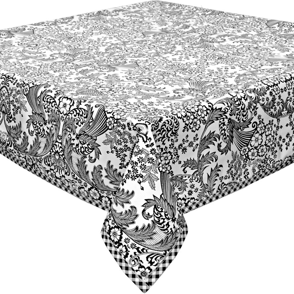 square toile black oilcloth tablecloth with black gingham trim
