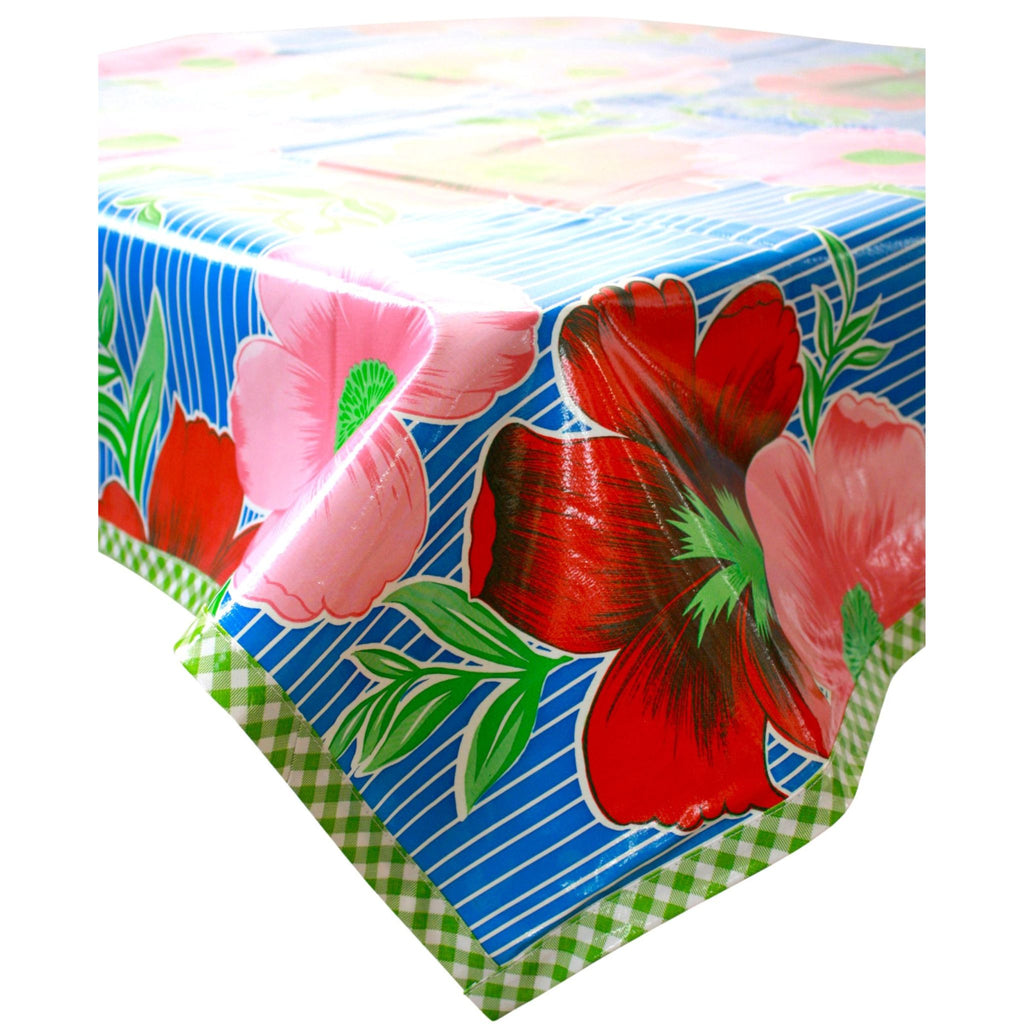 big flowers and stripes blue oilcloth tablecloth with lime gingham trim
