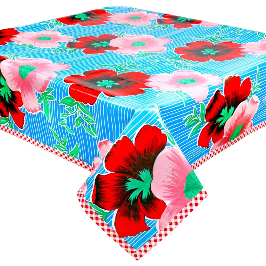 big flowers and stripes light blue oilcloth tablecloth with red gingham trim