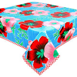 freckled sage big flowers and stripes light blue oilcloth tablecloth with red gingham trim