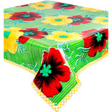 freckled sage big flowers and stripes lime green oilcloth tablecloth with yellow gingham trim