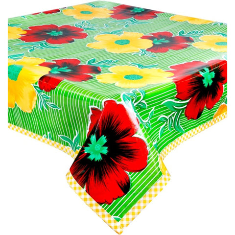 big flowers and stripes lime green oilcloth tablecloth with yellow gingham trim