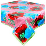 freckled sage big flowers and stripes pink oilcloth tablecloth with lime green gingham trim