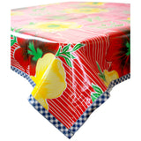 freckled sage big flowers and stripes red oilcloth tablecloth with navy blue gingham trim