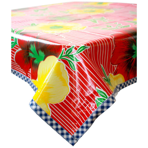 big flowers and stripes red oilcloth tablecloth with navy blue gingham trim