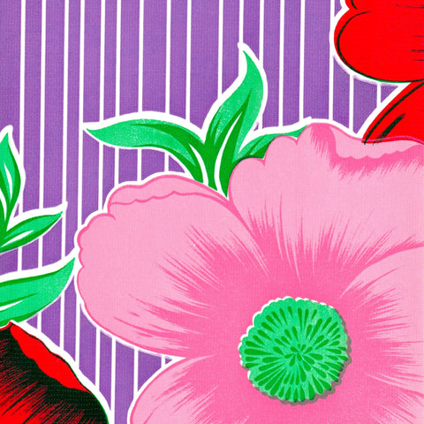 freckled sage big flowers and stripes purple oilcloth swatch