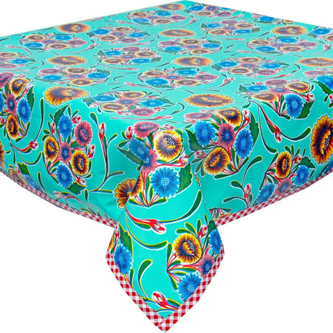 bloom aqua oilcloth tablecloth with red gingham trim
