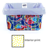 oilcloth bike basket liner in bloom navy lined with dot yellow