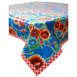 bloom blue oilcloth tablecloth with red gingham trim