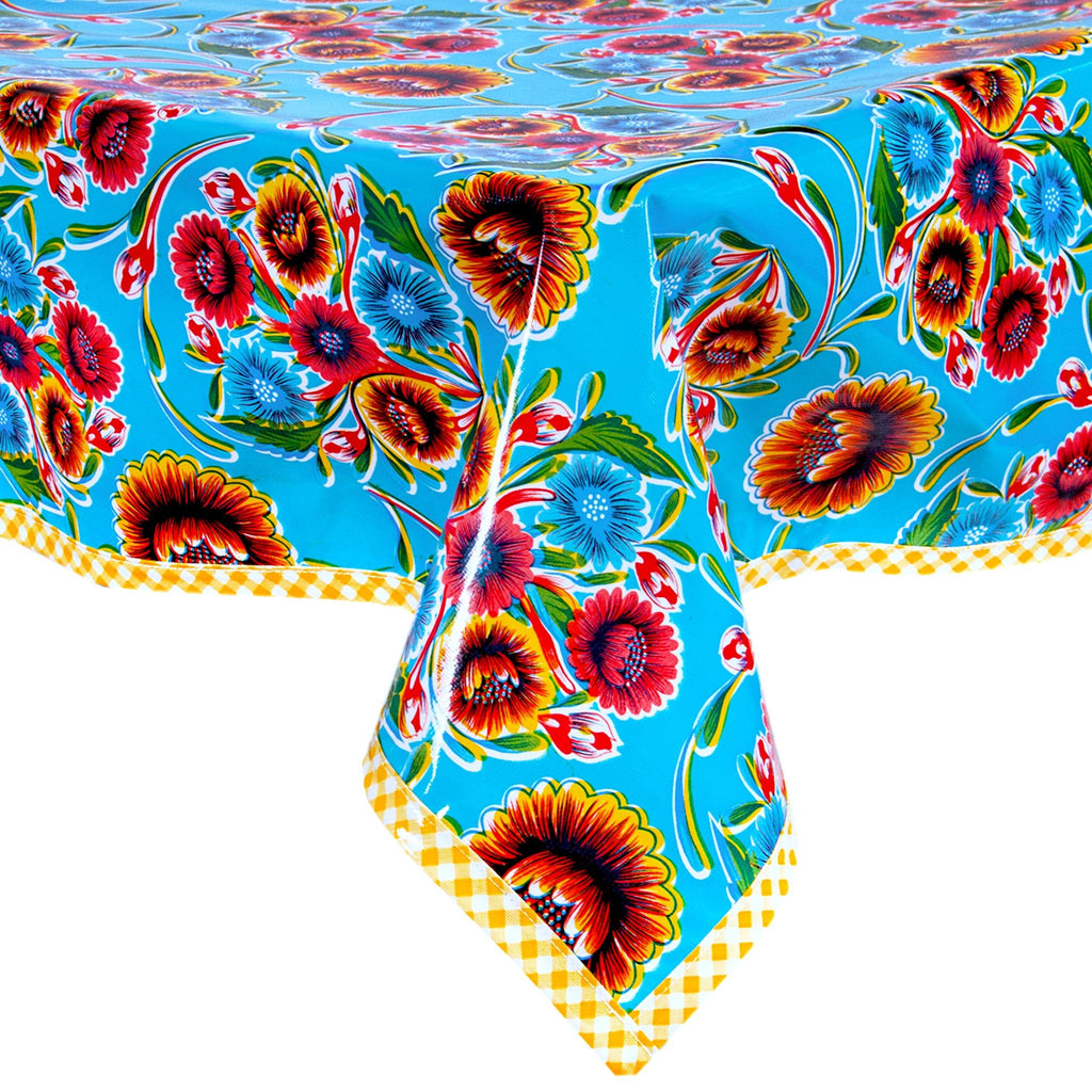 freckled sage bloom light blue oilcloth tablecloth with yellow gingham trim
